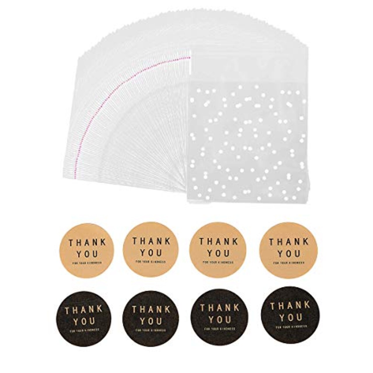 400 Pieces White Polka Dot Treat Bags Self Adhesive Candy Cookie Bags, 200 Cellophane Bags + 200 Thank You Sticker for Bakery Biscuit Chocolate Snacks Dessert (5.5x5.5Inches, White Polka Dot+Sticker)